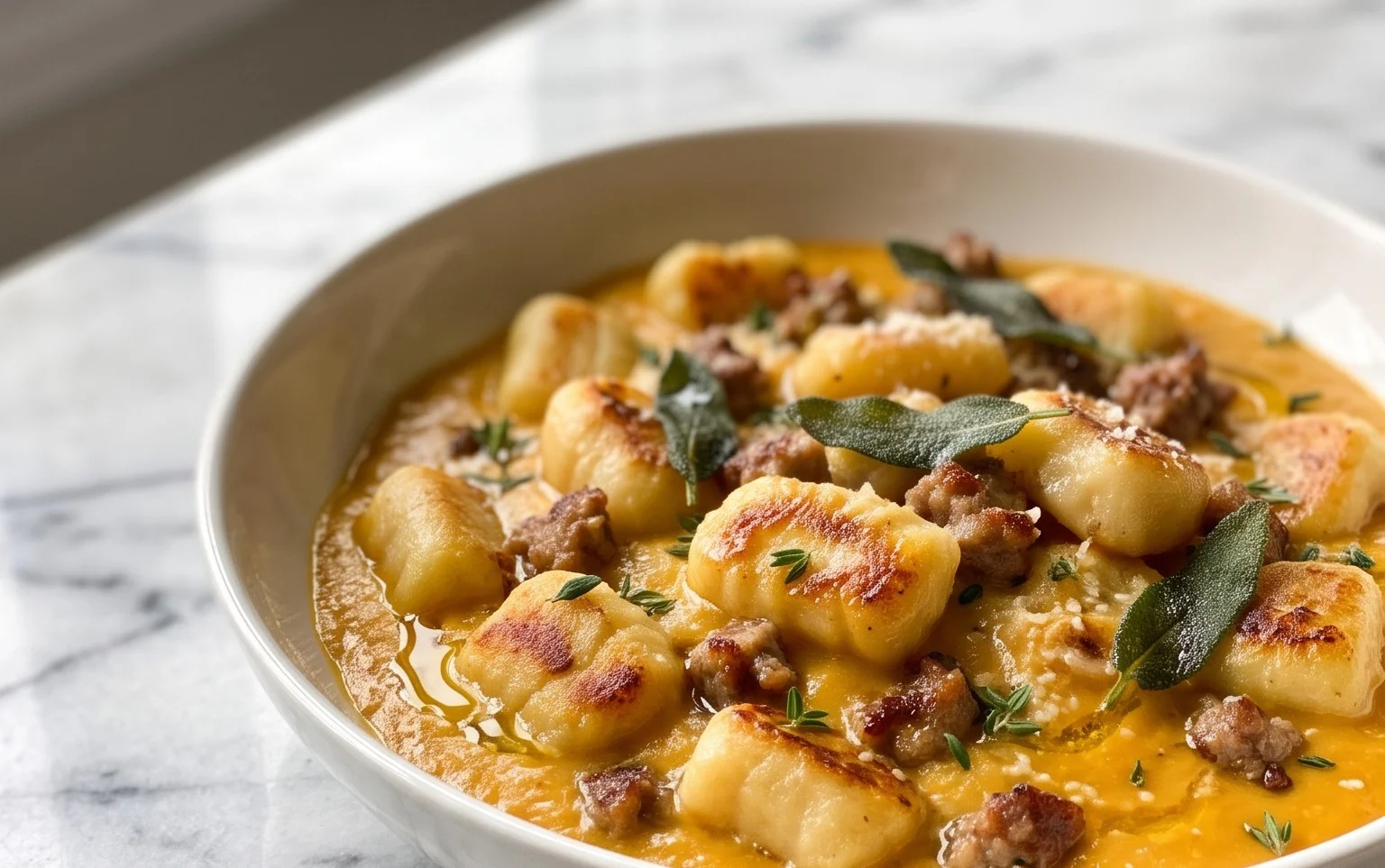 Creamy Butternut Squash Gnocchi with Sausage, Thyme, and Sage