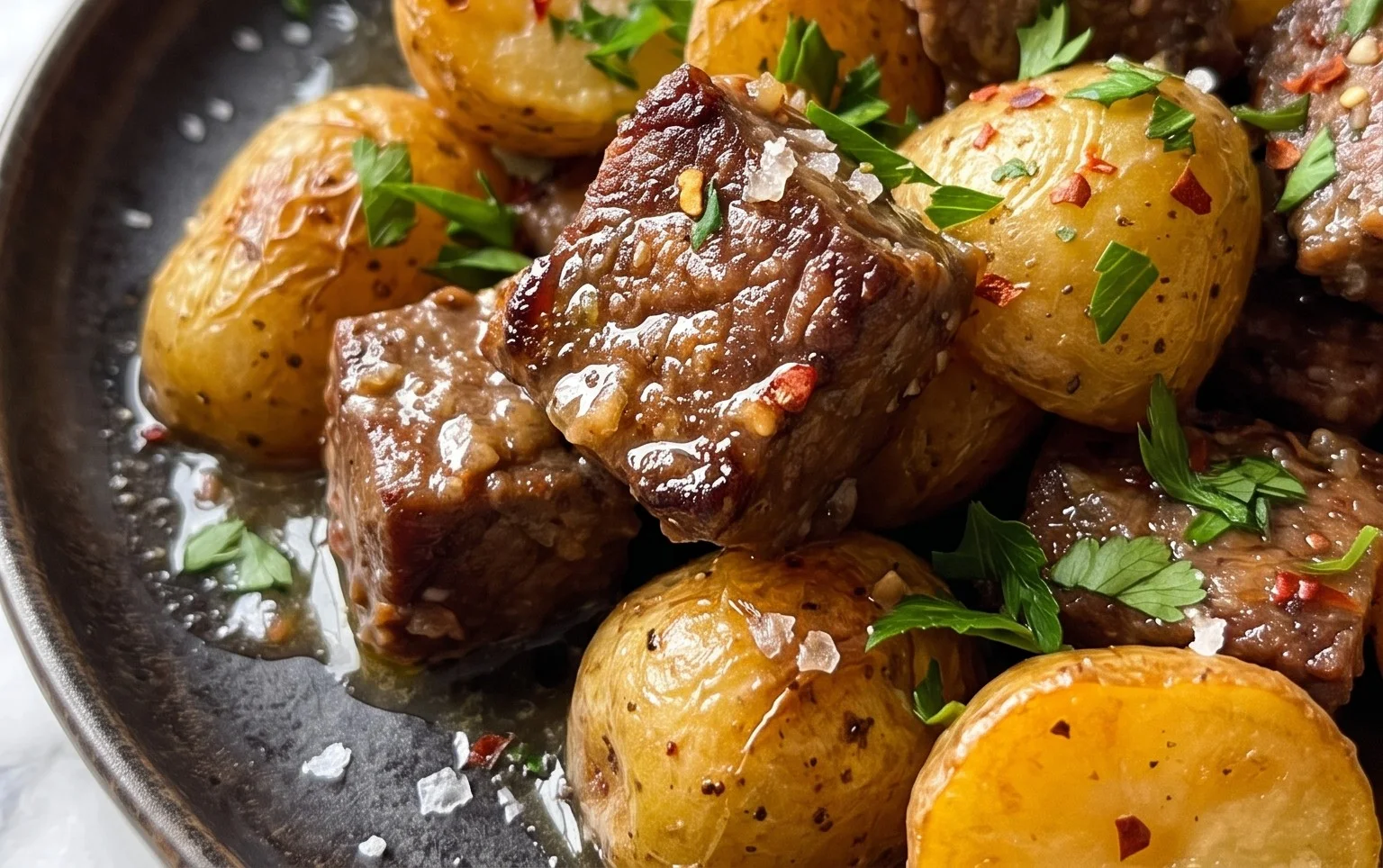 Slow Cooker Garlic Butter Beef Bites with Potatoes