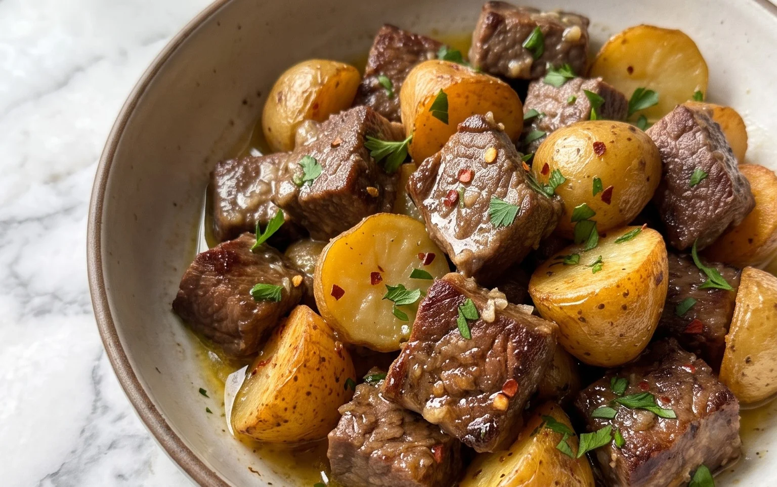 Slow Cooker Garlic Butter Beef Bites with Potatoes